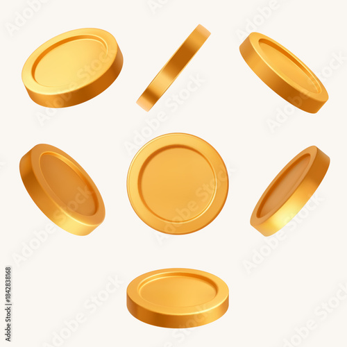 Realistic 3d coin. Gold money for flying cash, business rain for casino and gambling design. Golden metal coins finance sign for investment, wealth and payment, jackpot concept. Isolated vector set