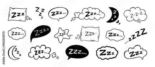 Sleep zzz icon. Snore bubble with cartoon cloud, line emoji for dreamy and relaxed vector set. Hand drawn bed and nap symbol for insomnia, bedtime app. Slumber, deep rest message