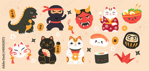 Japanese character icons. Ninja, monster and lucky cat, oni mask cartoon vector set. Cute ramen and sushi, daruma doll and kitsune. Asian culture travel design, kawaii figurine, fortune symbol