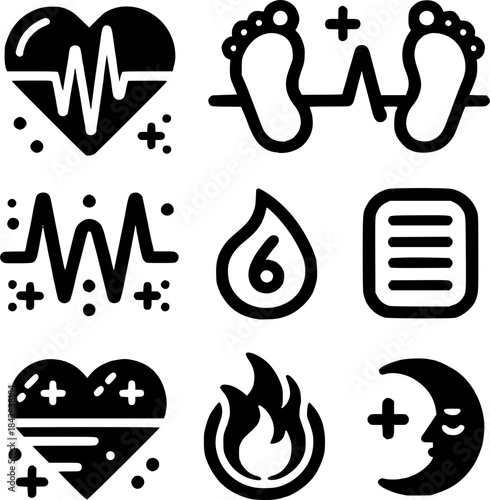 Health Icon Collection: A set of health-related icons, offering a visual representation of wellness, healthcare, and vital signs, ready for use in various applications.