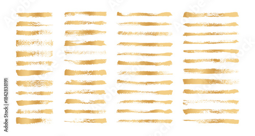 Gold brush, golden stroke texture with paint effect or glitter line. Abstract sparkle splash gradient for luxury illustration or shiny grunge template. Vector foil isolated element