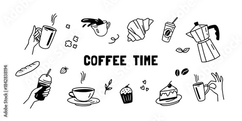 Coffee time doodle. Hand drawn coffee or beverage with cup and croissant, cake and latte. Coffee break line art poster. Morning concept, vintage decoration and bakery vector illustration