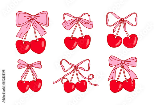 Coquette cherry and whimsical bow design with heart and ribbon for cute girly aesthetic. red cherry fruit for wedding, valentine and birthday card. Y2k vector isolated clipart