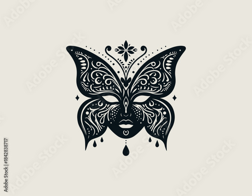 Intricate decorative butterfly wings masquerade mask covering a seductive woman's face vector illustration. Mystery performance concept