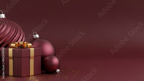 A festive arrangement featuring a burgundy gift box tied with a golden ribbon, surrounded by matching Christmas baubles and scattered star confetti