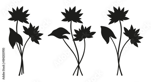 Set of three bouquet silhouettes of nymphaea flowers. Bunches of blooming water wild plants, minimal style. Botanical hand-drawn elements for design projects. Vector illustration