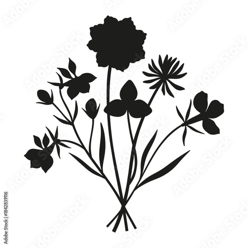 Wildflowers silhouette bouquet. Hand-drawn clover and exotic meadow flowers, herbs, and wild plants. Botanical elements for design projects. Minimal style, vector illustration