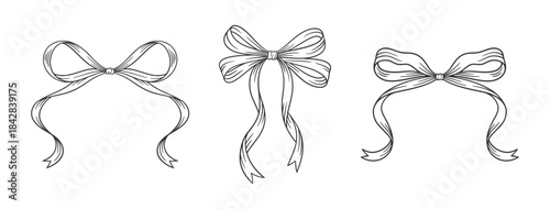 Coquette bows set. Black line art sketches of vintage tied ribbons. Birthday, Wedding, Christmas, Valentine's gift in retro style. Frame contour, girly romantic design. Vector illustration.