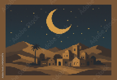 Golden crescent moon over peaceful desert village, halftone vector art poster template.