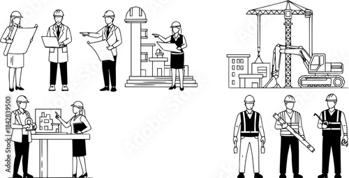 Construction people in lines project drawing architects and workers editable vector