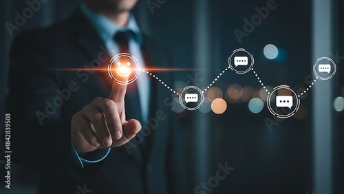 A businessman interacting with a futuristic digital network interface representing data security and technological innovation