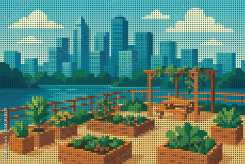 Rooftop urban garden with city buildings, serene halftone vector art poster.