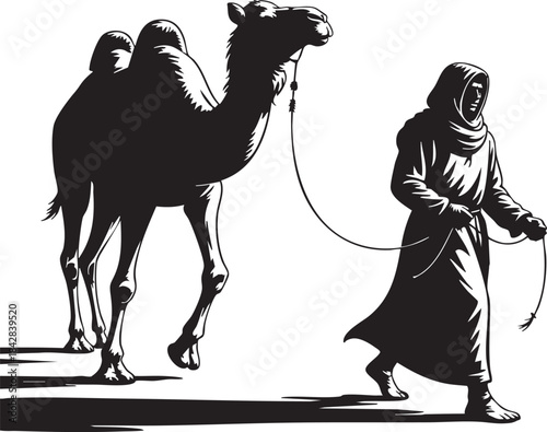 Striking black and white silhouette illustration depicts a robed figure leading a majestic camel across a stark desert landscape