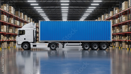 White semi truck with a blue cargo container inside a modern warehouse. Stacked boxes on shelves highlight efficient logistics and supply chain.