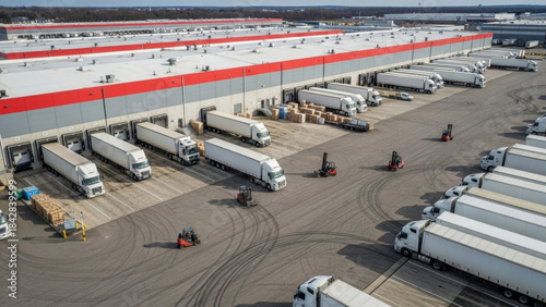 Panoramic view of a large modern distribution center. Many trucks park at loading docks. Forklifts actively manage cargo, showcasing logistics and freight operations.