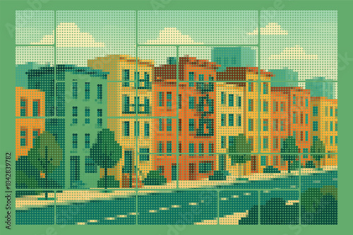 Rows of colorful apartment buildings in urban residential area, halftone vector.