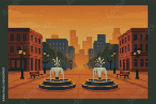 City square with fountains and public space, halftone vector art poster.
