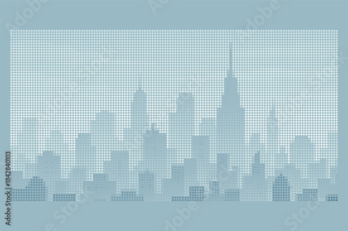 Foggy morning city skyline silhouettes, atmospheric halftone vector art.