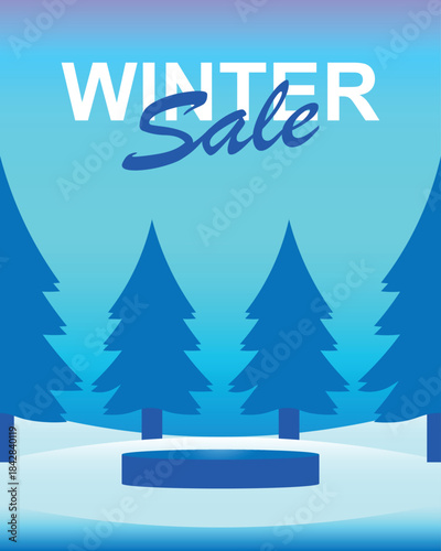 A minimal winter vector featuring dynamic shapes, snowfall elements, podium, and a prominent Winter Sale message. Ideal for story templates, feed posts, marketing headers, digital flyers, 