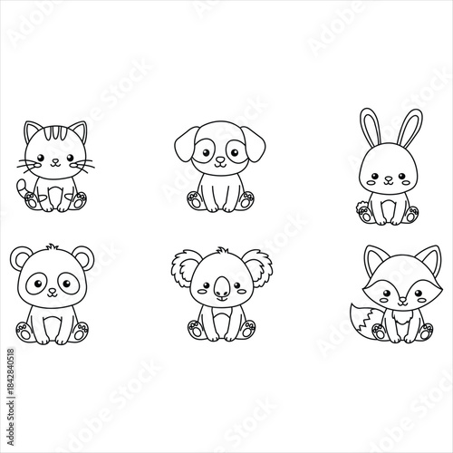 Cute animals line art vector set. Kawaii illustration of cat, dog, rabbit, panda, koala and fox. Coloring book page for kids