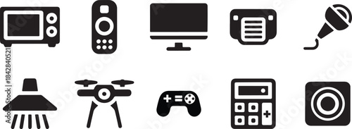 Electronic Device Icon Pack Vector Featuring Gadgets Like Microwave, Monitor, Printer, Drone, Game Controller, and Speaker