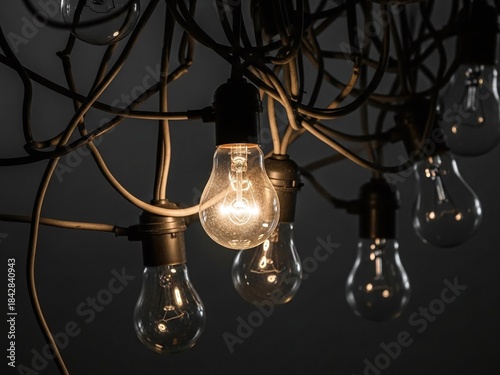 Closeup of hanging light bulbs on dark background