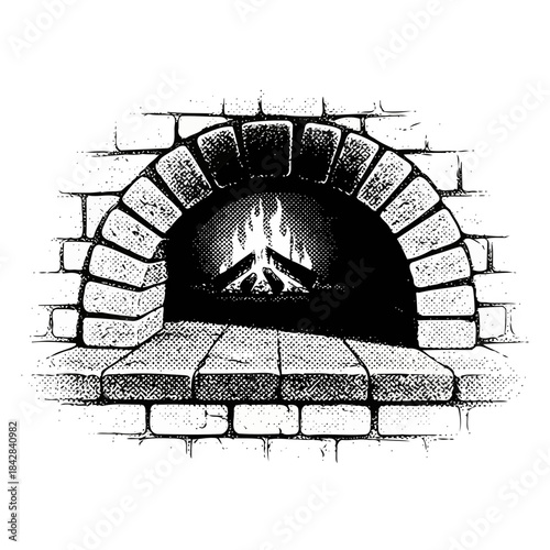 Cozy Fireplace: A detailed illustration of a traditional brick fireplace, its arched opening inviting warmth and comfort. Flames dance merrily within, casting shadows and evoking a sense of home.
