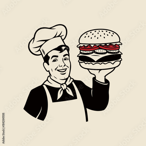 Chef with a burger: A chef, adorned in a classic toque and apron, proudly presents a juicy burger, the embodiment of culinary expertise and taste.