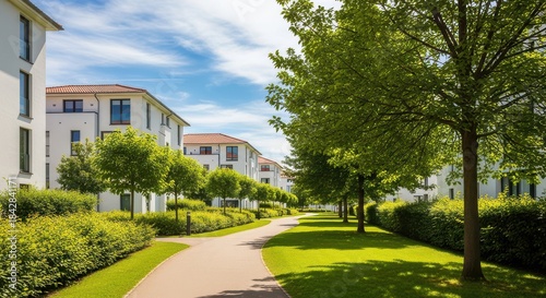 A beautiful pathway winding through modern residential complex with lush greenery