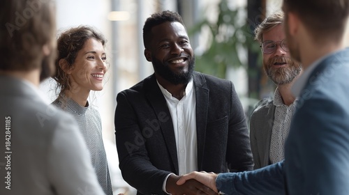 Partnership & Professionalism: A professional handshake seals a deal, surrounded by the subtle expressions of a supportive team. Capturing collaboration and a successful agreement.
