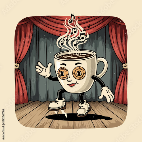 Dancing Coffee Cup: A whimsical cartoon coffee cup with a cheerful face and lively animation. Coffee steam swirling in the form of musical notes.