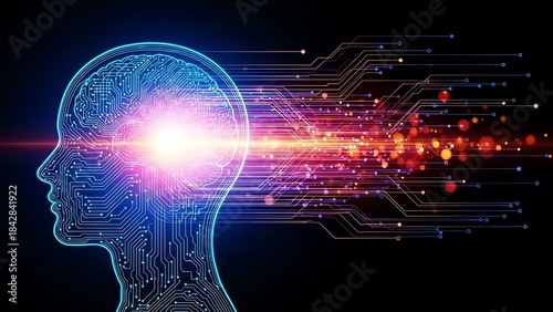 Abstract digital human head with glowing data streams flowing outwards representing artificial intelligence and technology