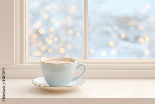 Warm cup of coffee rests on a windowsill with blurred lights outside during winter