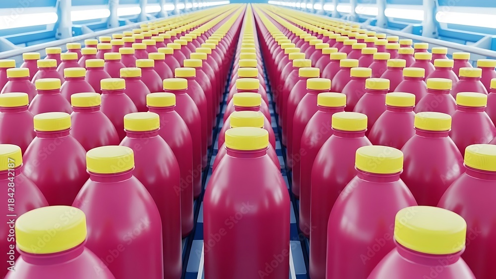 Fototapeta premium Mass Production Line of Pink Plastic Bottles with Yellow Caps