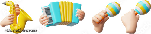 Musical Instruments holding hands 3D cartoon plastic style vector illustration, harmonic, saxophone and maracas in arm