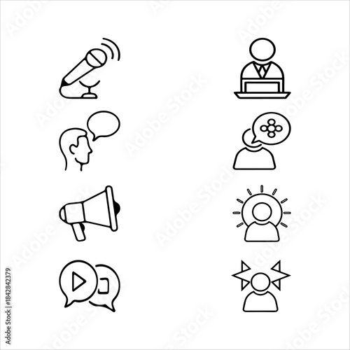 A Dynamic Professional Speaking Icon Symbol, Showcasing Public Communication and Speech Dialogue in a Flat Design Minimalist Vector for Business Presentation Success Lecture Media Interaction.