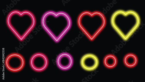 Collection of vibrant neon heart and circle icons glowing brightly in various colors against a stark perfect for digital design elements