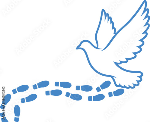 Symbolic white dove ascending from footprints of hope representing peace spirituality and a new beginning freedom journey forward isolated on white background