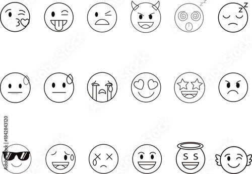 “Large set of doodle-style emoji line icons, featuring hand-drawn emoticons showing various moods such as happy, sad, and smiling.”