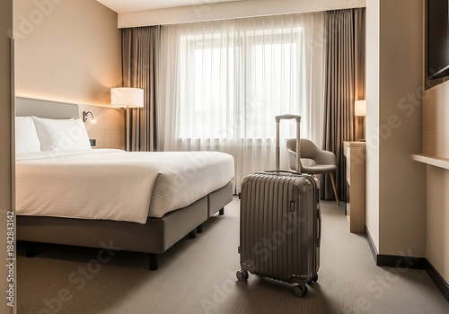 Hotel Room With Luggage And Bed suitcase chair