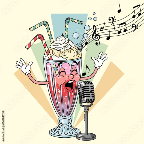 Singing Milkshake Serenade: A cheerful milkshake character with a whipped cream hair and straw arms belts out a tune, microphone in hand, and musical notes soaring through the air.