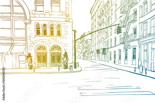Nice view of Manhattan, Soho, New York, USA. Urban sketch. Old street. Hand drawn background. Vector illustration. Line Art. Postcard style. No people.