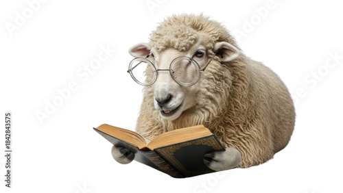 Clever sheep wearing spectacles reading a vintage hardback book, isolated photo isolated PNG with Transparent Background