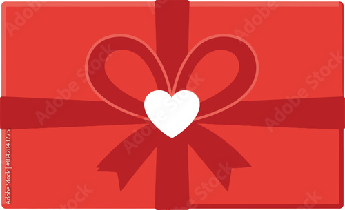 Festive red gift box tied with a red ribbon bow and a white heart ornament perfect for celebrations and special occasions isolated on white background