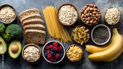 Overhead flat lay of healthy complex carbohydrates including whole grains, pasta, fruit, nuts, and vegetables