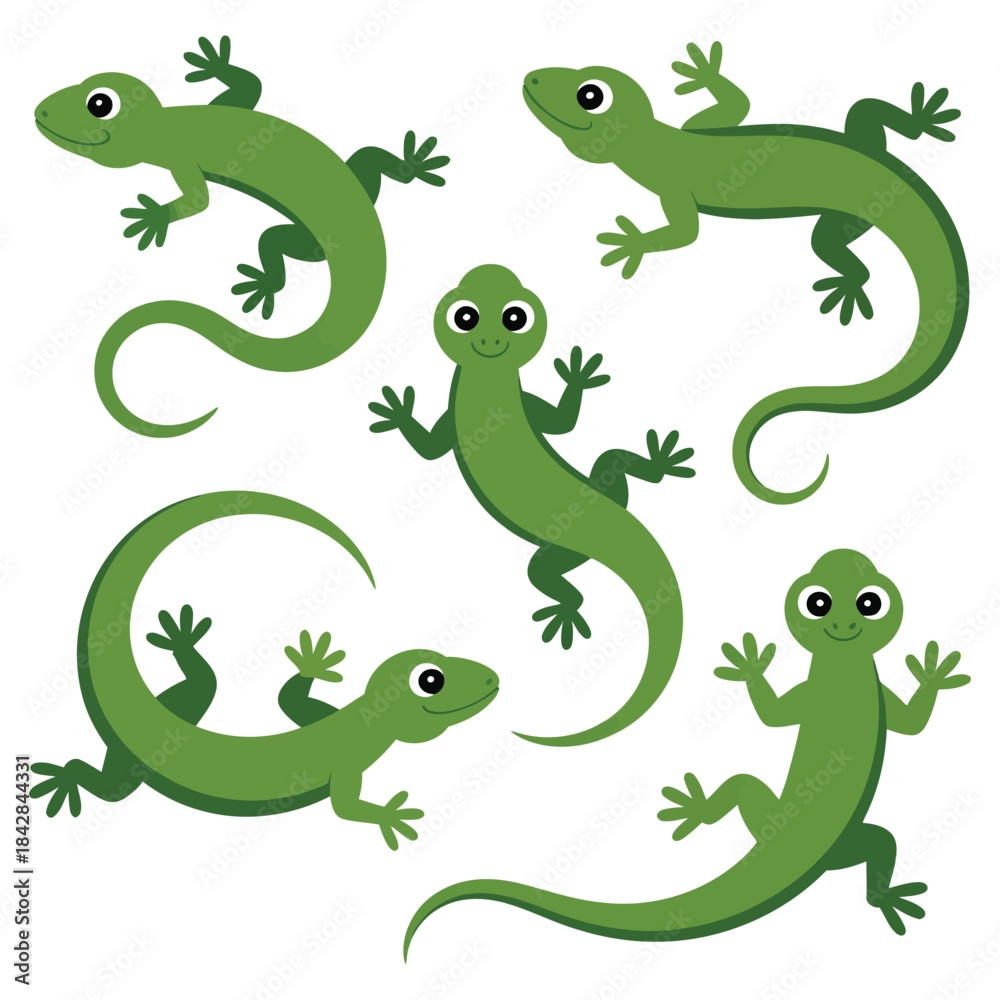 Naklejka premium Set of five cute green cartoon lizards in various poses showing playful and happy expressions on a white isolated background