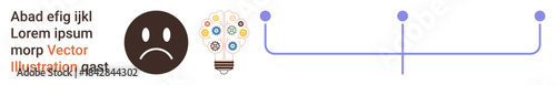 Emotional expression, innovation, data management, progress tracking, creative solutions, workflow visualization. Sad face icon, light bulb with symbols timeline with nodes. Emotional expression