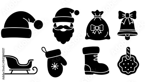 Set of Christmas Icons including Santa's hat, bag, bell, sleigh, mitten, boot and ornament
