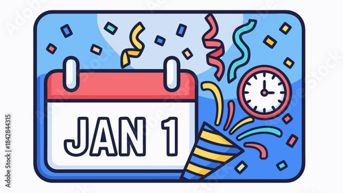 New Year's Day Calendar Celebration with Confetti and Party Popper