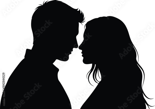 Intimate silhouette couple facing each other in romantic embrace capturing love and connection against a stark isolated on white background